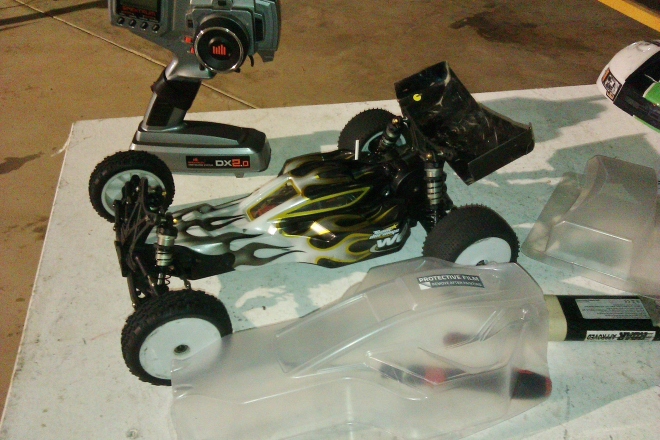 Ready to Race last Friday night with a borrowed body, and the Pulse RC body in the foreground ready to be cut and painted soon.